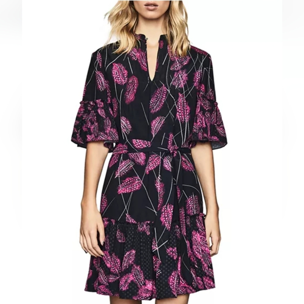 Reiss Black Dress with Pink Leaf Print Midi - Picture 7 of 16